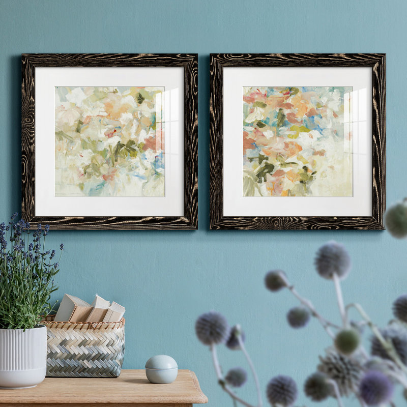 Floral Blush I - ensemble de 2 reproductions d'art sur papier, Cadre noir, H 20 po x l 40 po x P 1,5 po