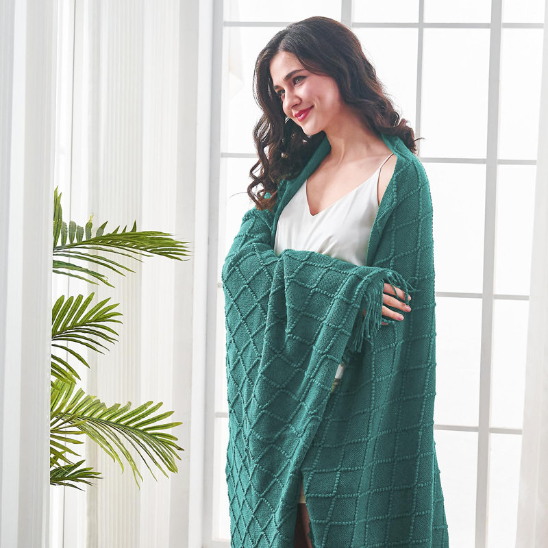 Knitted Blanket with Tassel Trim, Blue