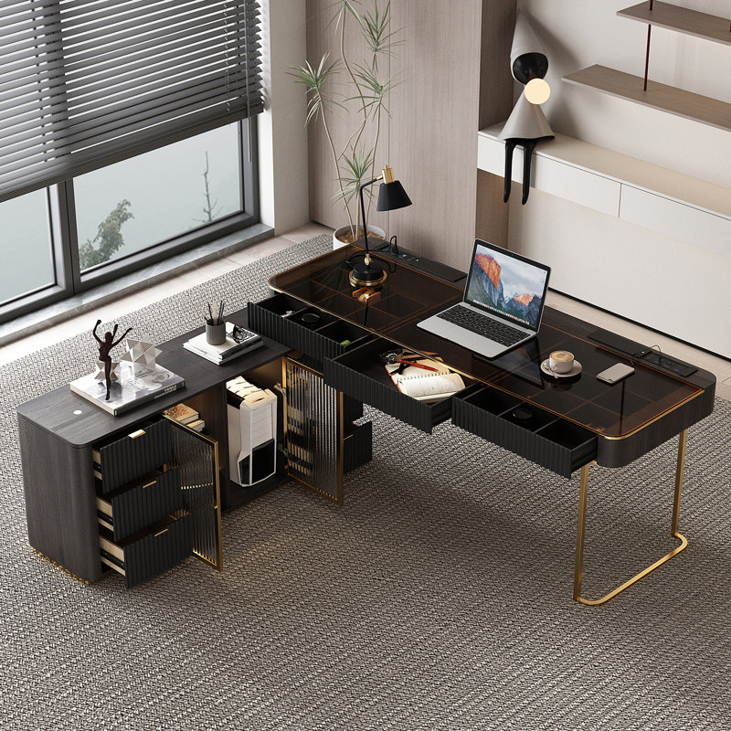 Bureau de direction de 71 po de haute qualité, bureau d'ordinateur pivotant, bureau de chef, bureau à domicile, en forme de L, deux prises de courant, plateau en verre, très facile à assembler