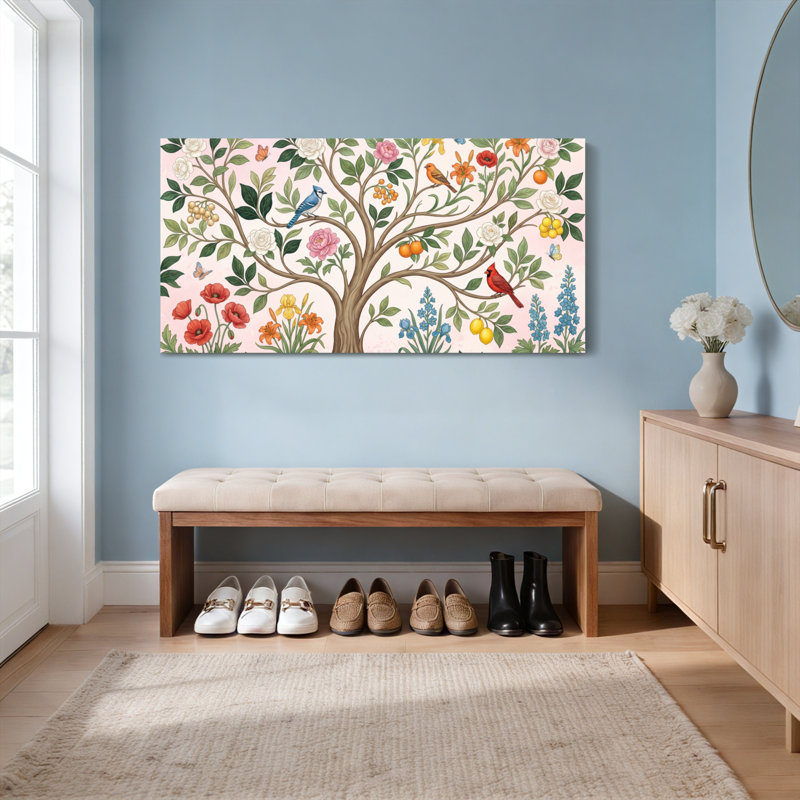 Arbre fleuri avec oiseaux et fleurs - Toile tendue - Ensemble de 1, H 24 po x l 48 po
