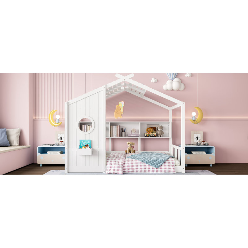 White, Twin Floor House Bed, , - Inspired Roof, Play And Sleep, Built In Storage Shelf, Construction Bed For , With Playhouse Shelf Books , Stable Frame