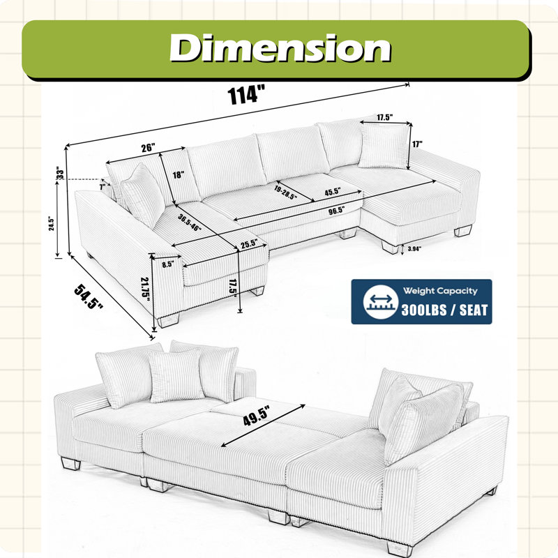 Canapé-lit de 114 po, canapé en forme de U, lit escamotable, canapé-lit convertible surdimensionné 2 en 1, Dark Grey Corduroy
