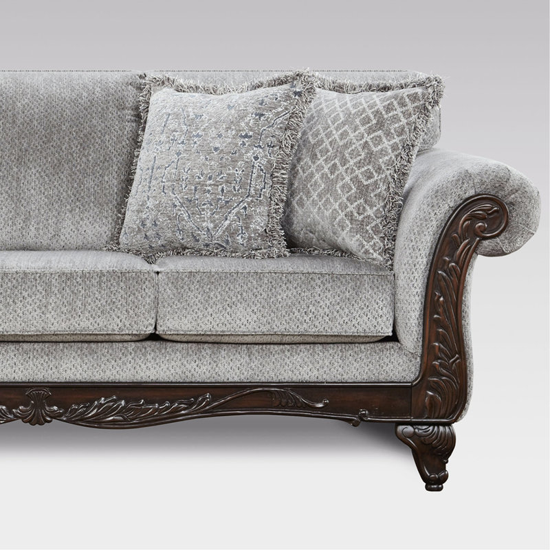 Grey Faux Leather With Wood Accents And Rolled Arms Wood, Chenille Fabric Solid Base