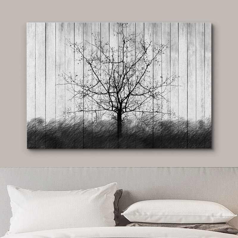 Arbre à panneaux noir et blanc à motif de silhouette de bois de style neutre rustique et relaxant, Toile tendue