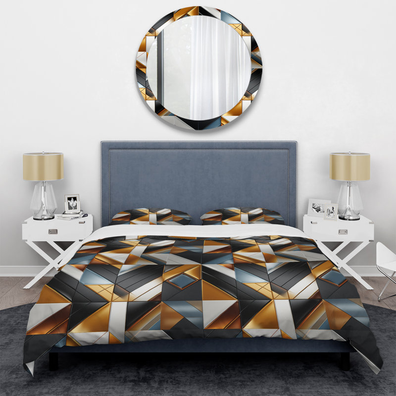 Natural Tones Grey And Beige Mosaic Geometric Shapes Duvet Cover, Twin Duvet Cover + 1 Standard Sham, Geometric Shapes 2