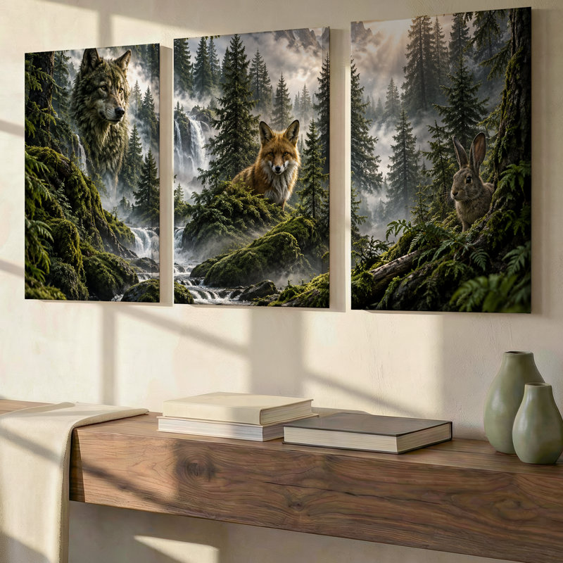 3 pièces, grand loup, forêt, renard et lapin, grand art mural, toile panoramique, décor de toile pour salon, chambre à coucher et bureau