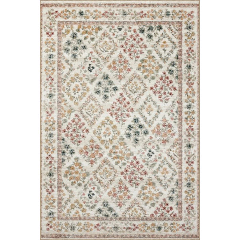 Floral Cream Checkered Geometric Woven Base Washable Carpet, Round 3'4"