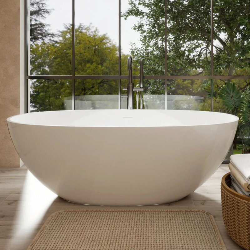 65" Freestanding Solid Surface Bathtub, Luxury Handcrafted Stone Resin Freestanding Soaking Bathtub With Overflow And Pop-Up Drain, Glossy White 24S06-65GW
