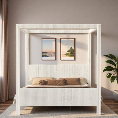 Upholstery Canopy Platform Bed with High Padded Fluted Headboard and Vertical Ribbed Corduroy Design