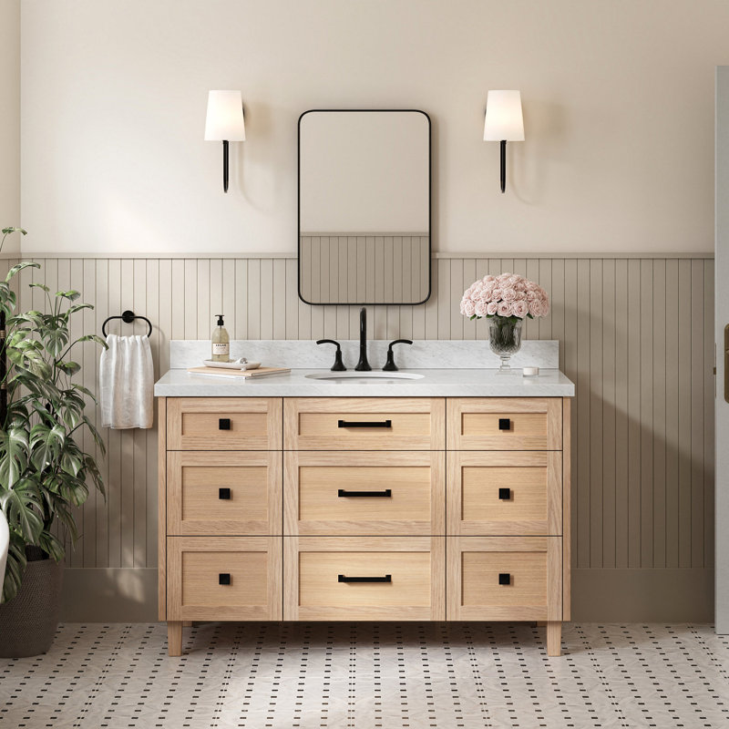 ARIEL Monrow 42" Solid Wood Single Sink Bathroom Vanity in White with 1.5" Carrara White Quartz Top, Center, Oval Sink, White