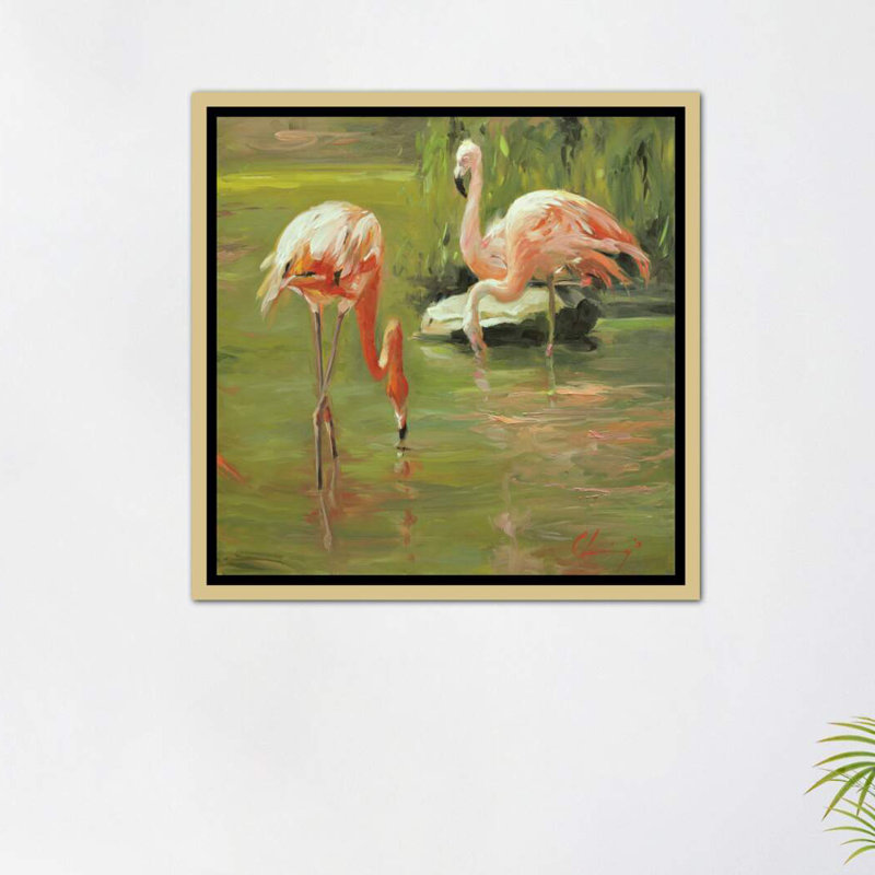 «Flamingo II» par Chuck Larivey - reproduction d'art, H 26 po x l 26 po x P 1,5 po, Toile encadrée d'or