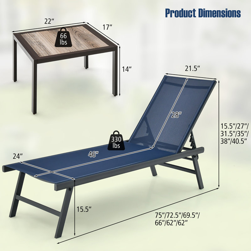 Outdoor Metal Chaise Lounge with Table, Black