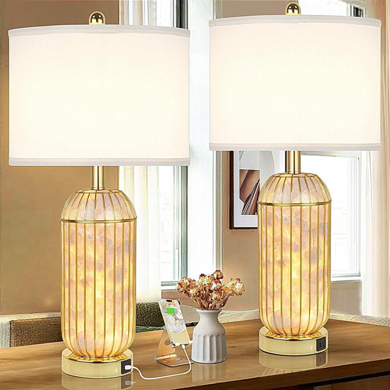 Ensemble de 2 lampes de table dorées en coquillage Capiz avec veilleuse à DEL dorée