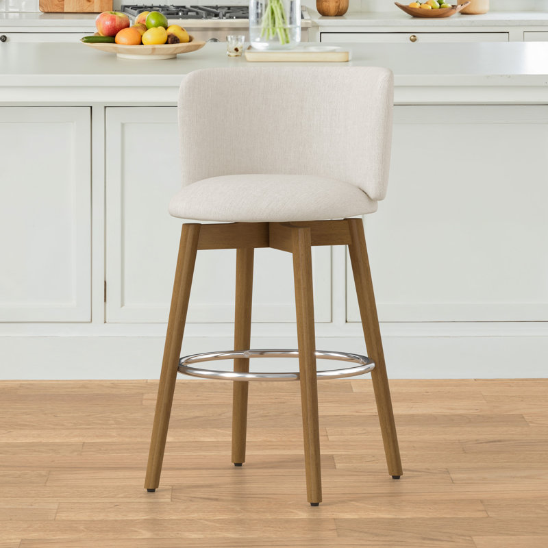  26'' Swivel Bar Stool - Fabric, Beige Seat/ Natural Base