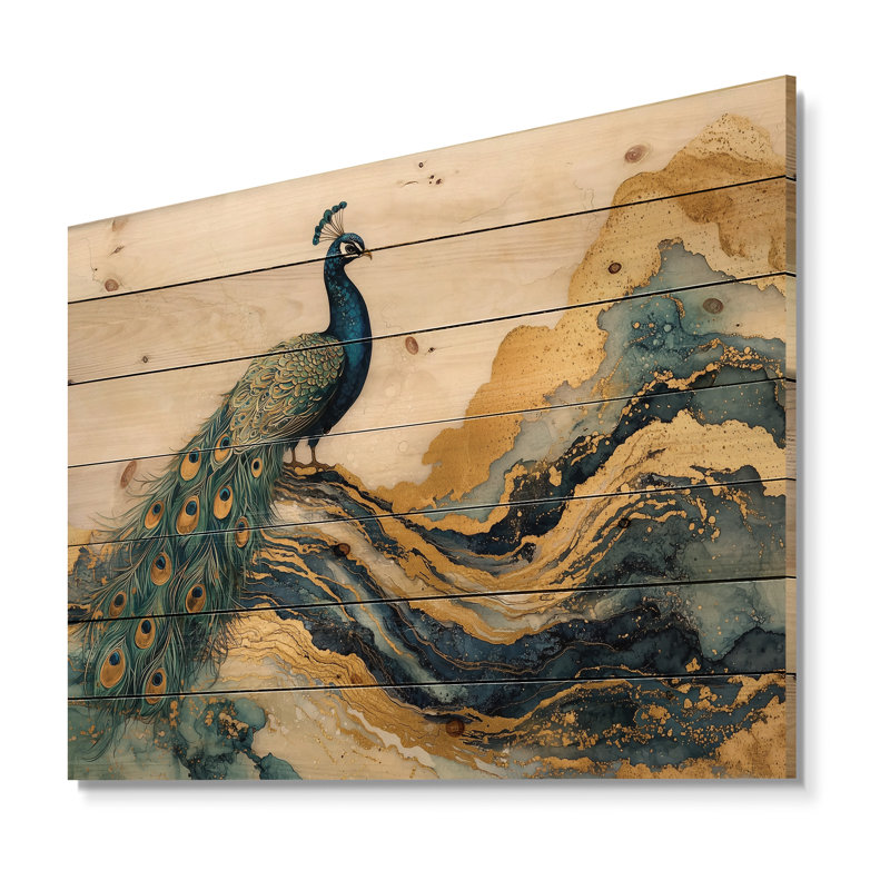 Paysage de paon doré émeraude et agate dorée, H 10 po x l 20 po x P 0,78 po