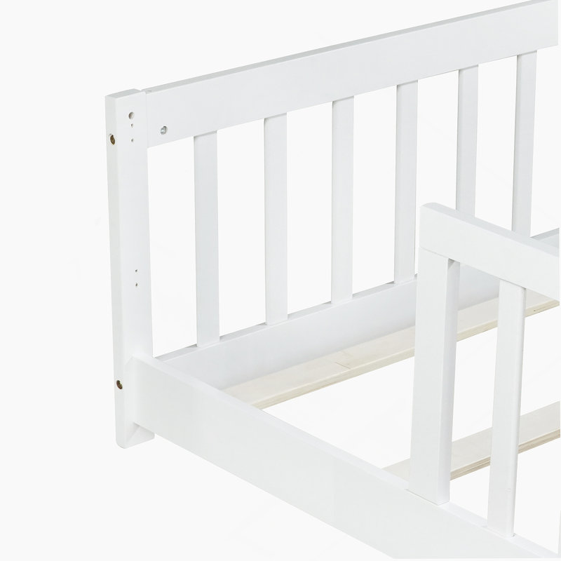  Bed with Fence ,Rubber Wood Floor Bed with Safety Guardrails, Twin, White