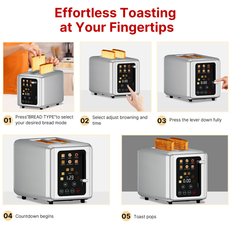 Teendow Extra Wide 2 Slice Toaster, 6 Bread Types & 6 Shade Settings,  Stainless Steel Digital Toaster With Timer And Sound Function