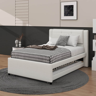 Lit plateforme tapissier avec lit gigogne, lit gigogne pouvant être plat ou dressé, cadre de lit moderne avec tête de lit en lin