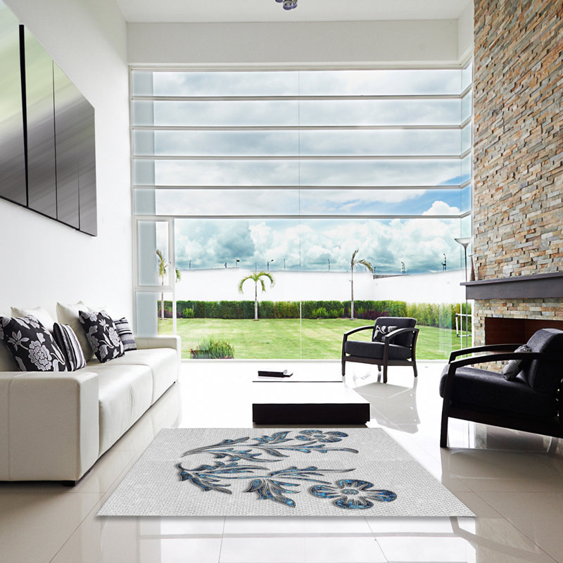 Tapis gris/noir/bleu à motifs, Carré 7 pi