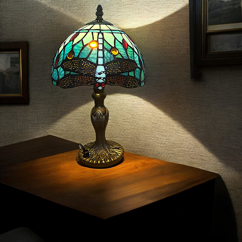Classic Tiffany Style Table Lamp, 20cm Stained Glass Dragonfly Shade, 37cm Height, (Aqua Blue)