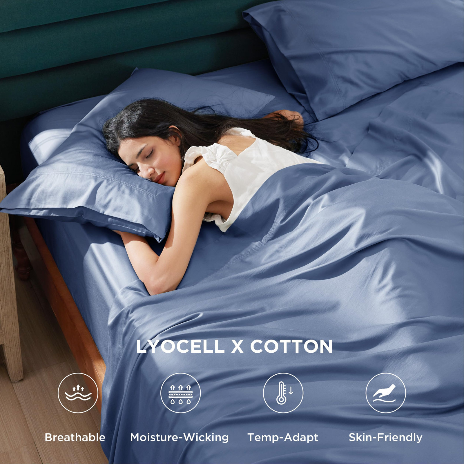 Lyocell Cotton Sheet Set, King Sheet Set with 1Fitted Sheet and 2Pillowcases, Blue
