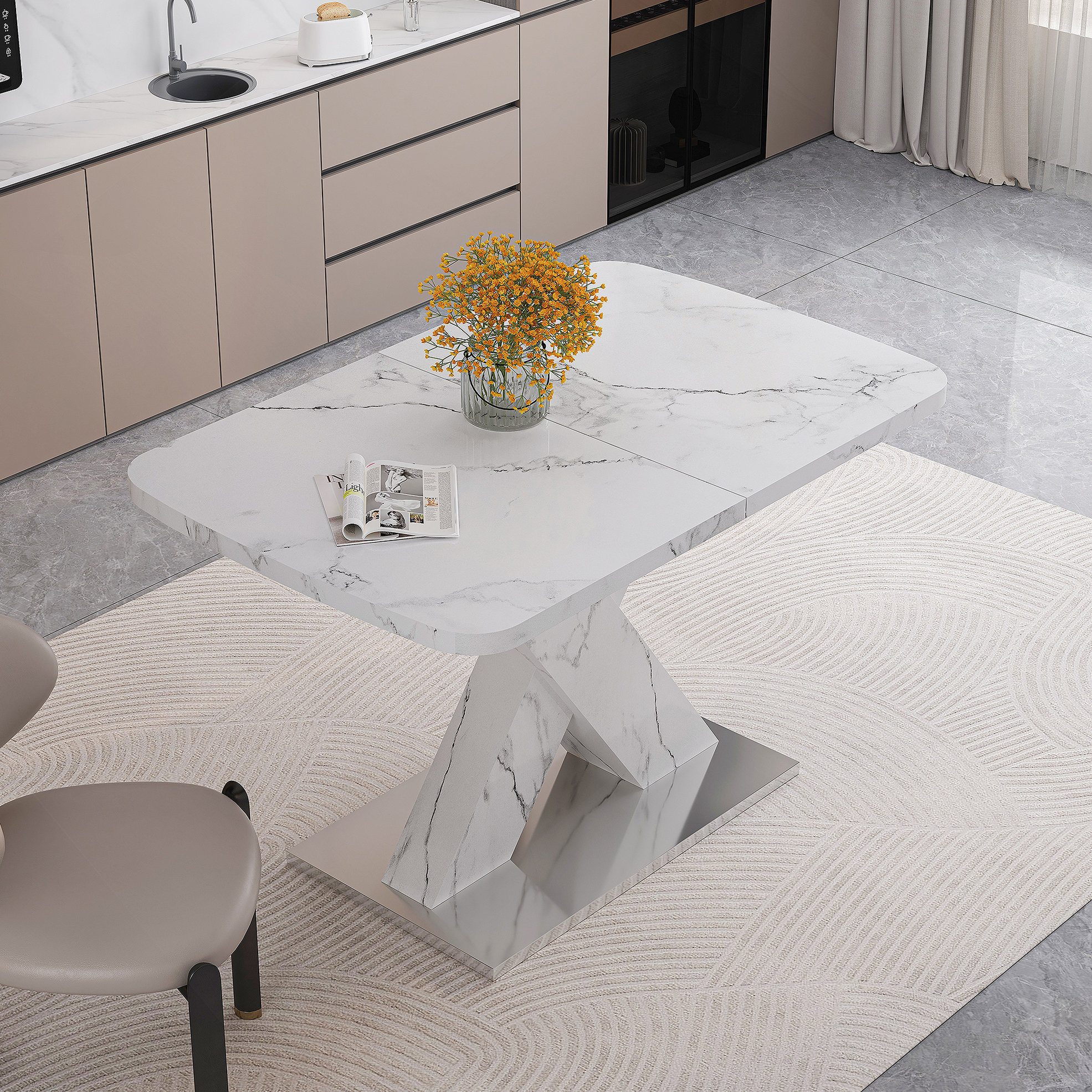 Brayden Studio Modern Dining Table,Stretchable,Printed Marble Table Top ...
