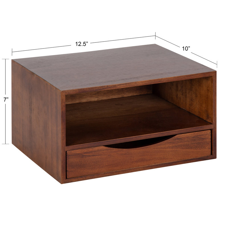 Adeana Poplar Solid Wood Floating Shelf with Drawer, Dark Walnut