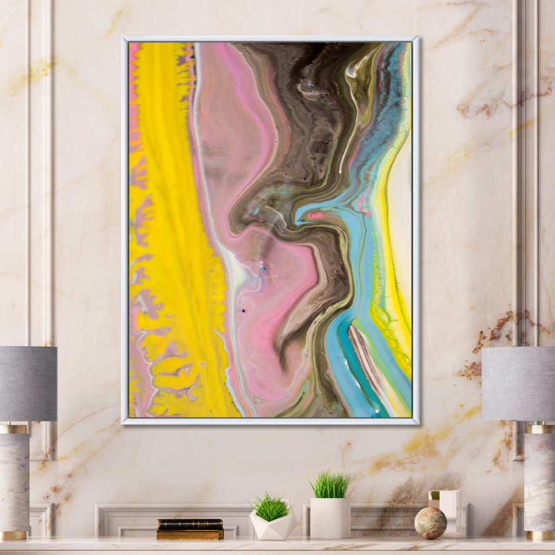 Reproduction d'art sur toile luxueuse rose et jaune, H 36 po x l 24 po x P 1 po, Cadre flottant blanc