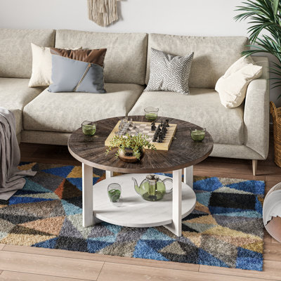 Rustic Farmhouse Round Wood Coffee Table With Storage