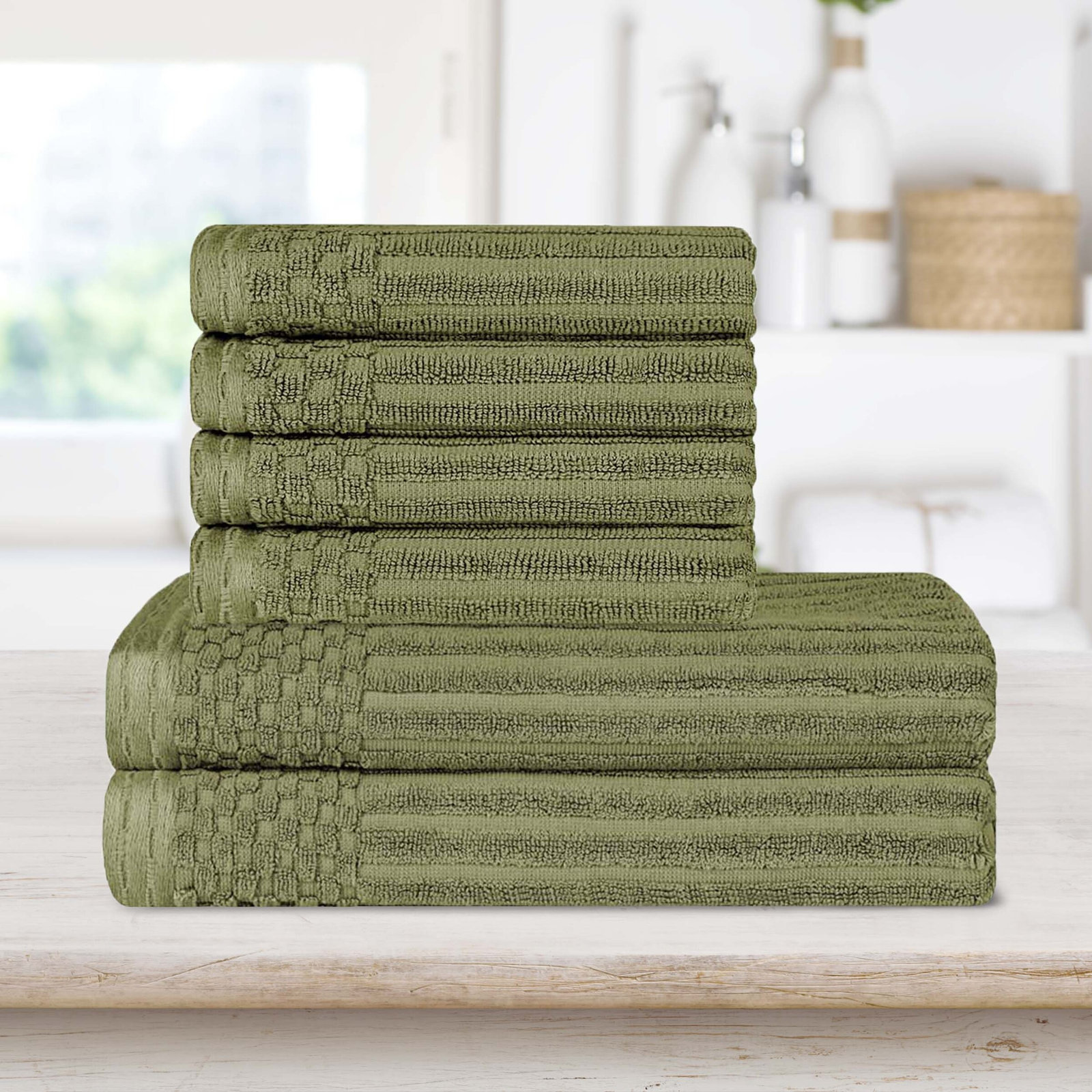 6-Piece Ribbed Cotton Towel Set, Sage
