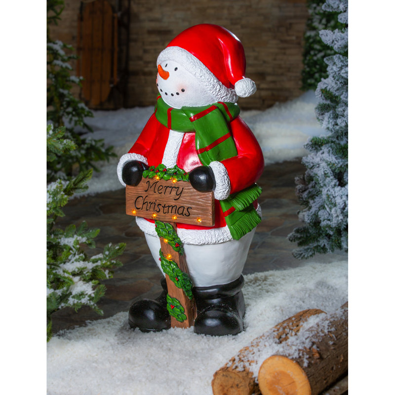 38"H Solar Holiday Snowman with Santa Hat Garden Statuary
