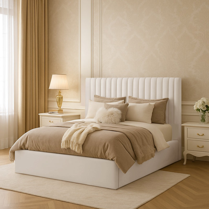 Maletha Upholstered Ottoman Storage Bed, Cream, Super King (6')