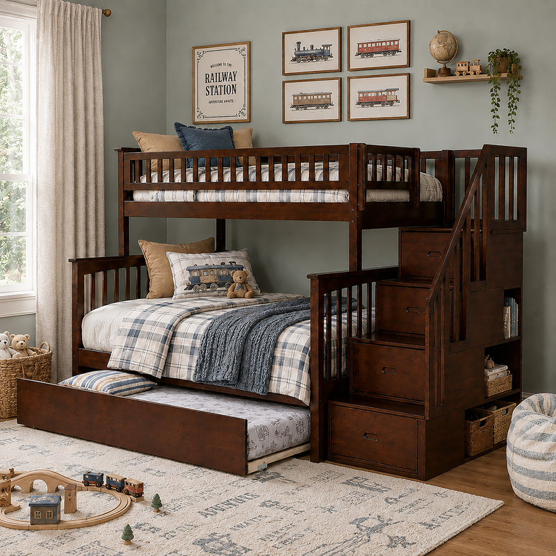 Blaisdell Solid Wood Staircase Kids Bunk Bed with Roll Out Trundle, Twin Over Full, Walnut