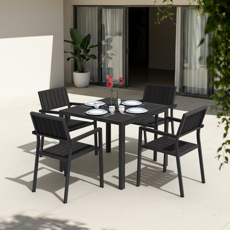 Chamblee Nika Outdoor PS Aluminum Alloy Square Table 5-Piece Dining Set, Suitable For Patio Gatherings, Black