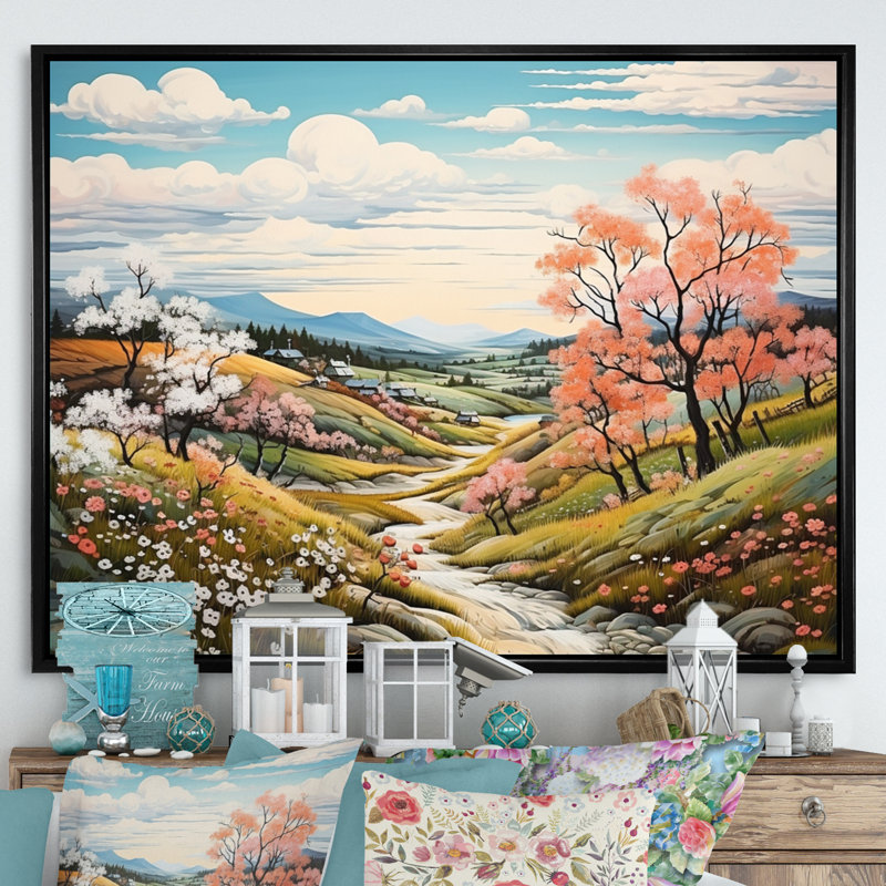 Paysage champêtre au printemps - reproduction sur toile, H 24 po x l 32 po x P 1 po, Cadre flottant noir