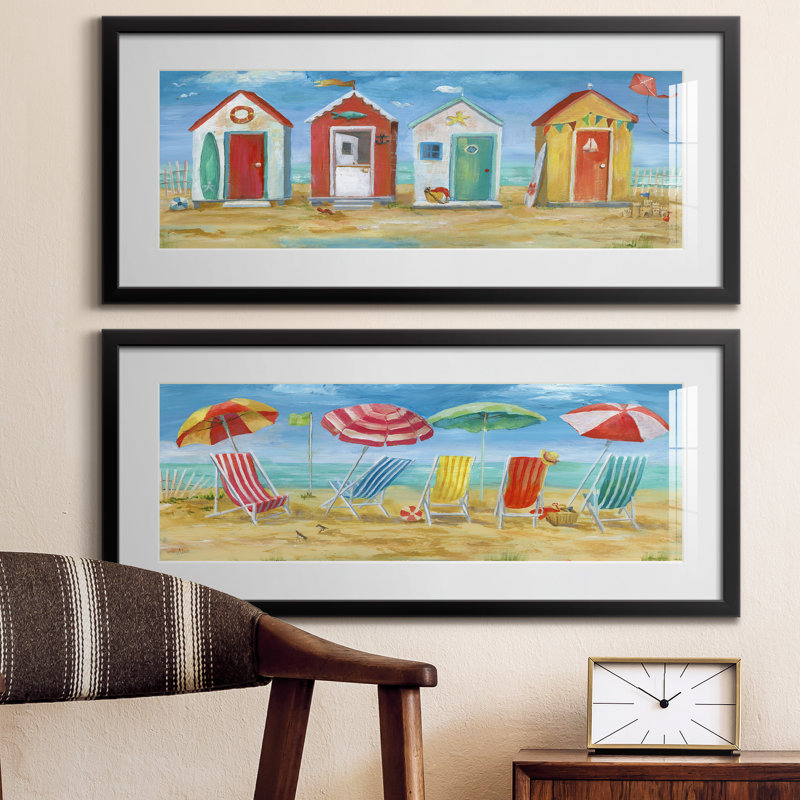 Bright Beach Huts - Ensemble de 2 reproductions d'art encadrées, Noir