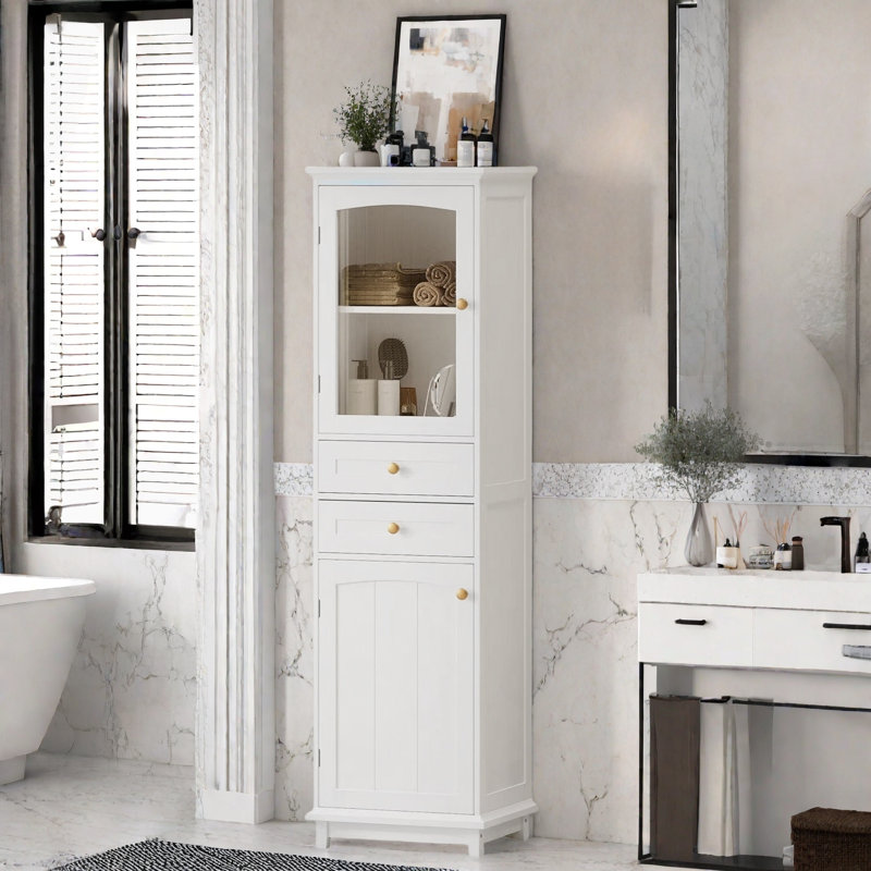 Bathroom Storage Cabinet With Glass Doors, 2 Drawers, And Adjustable Shelves, White