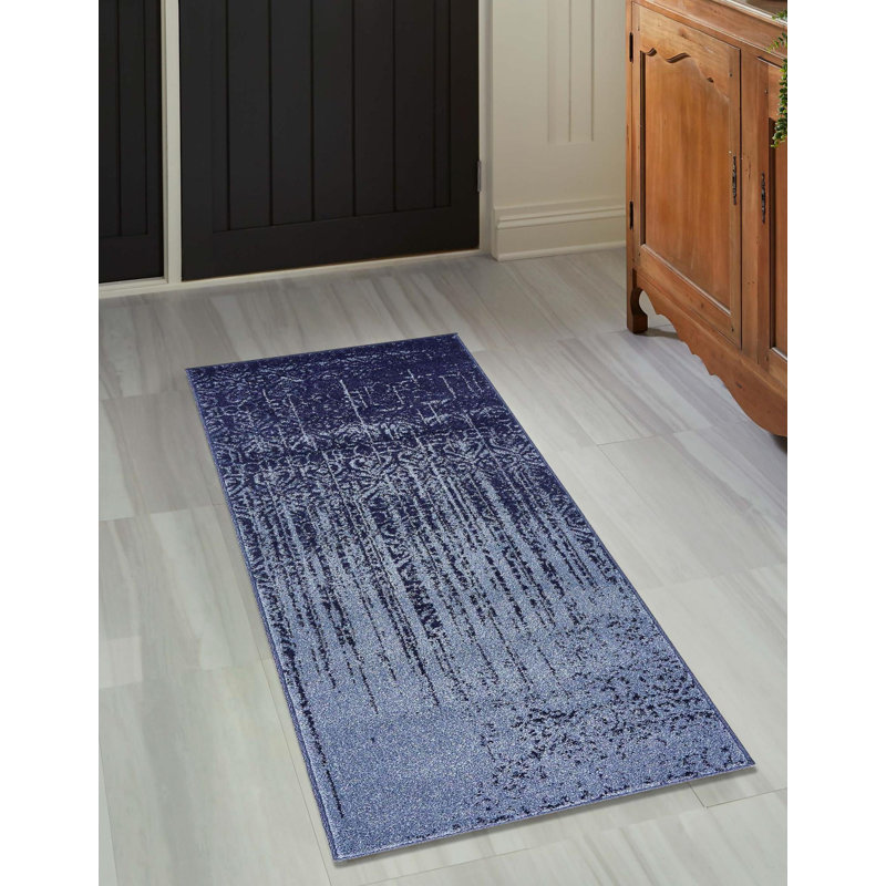 Tapis tissé à la machine à motif abstrait bleu Emaria, Tapis de couloir 2 pi x 6 pi 1 po