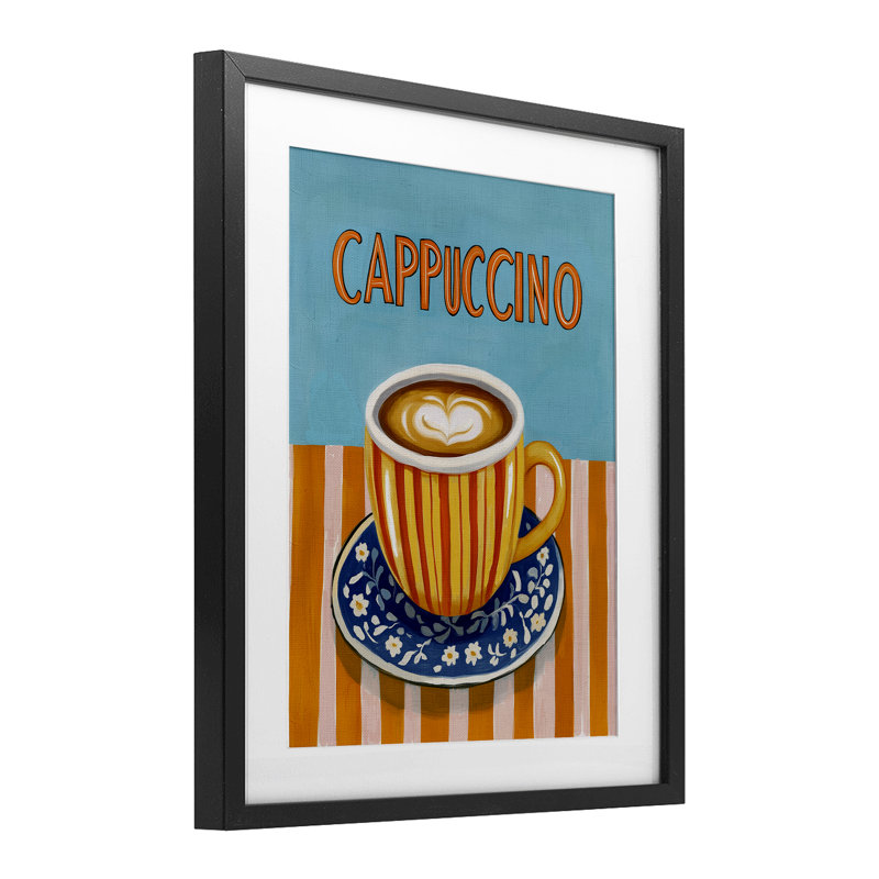 Impression cappuccino à rayures bleues et orange sous verre, design par Yen, H 16 po x l 13 po, Cadre noir minuit sous verre