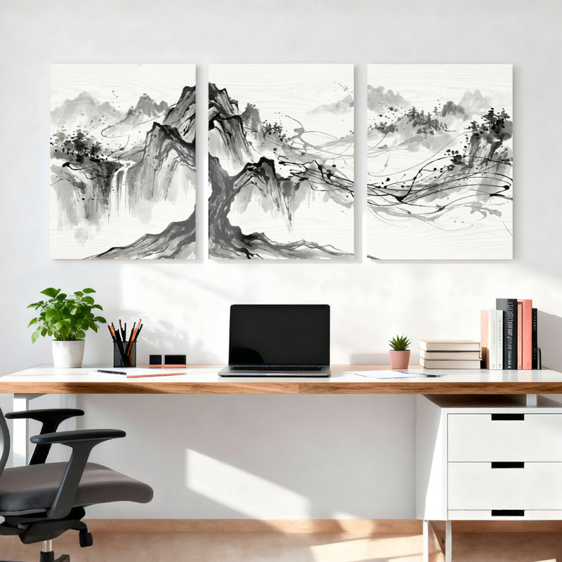 Ensemble de 3 tableaux à l'encre représentant un paysage de montagne en noir et blanc, imprimés sur toile tendue, pour la décoration du salon, de la chambre ou de la maison.