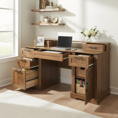 Bureau de ferme 59 po avec station de charge et armoire de rangement, bureau d'étude avec porte de grange avec tiroir classeur, support pour moniteur et plateau à clavier pour bureau, bureau, salon, noyer foncé