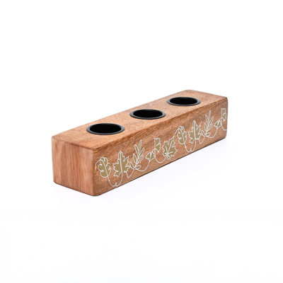 Wooden Tea Light Candle Holder | Mango Wood Triple Tealight Candle Stand with Iron Inserts | Rustic Farmhouse Table Centerpiece | 12x3x2.5"