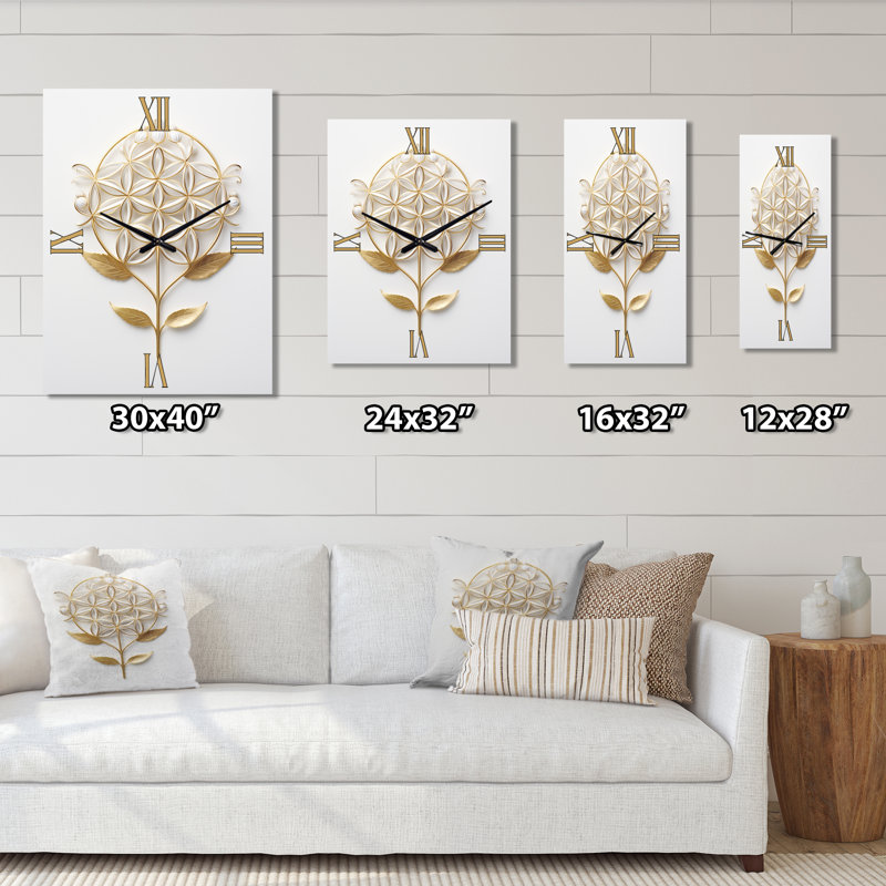 Flower Of Life Golden Elegance II - Abstract Botanicals Modern Wall Clock, 40" H x 30" W x 1" D