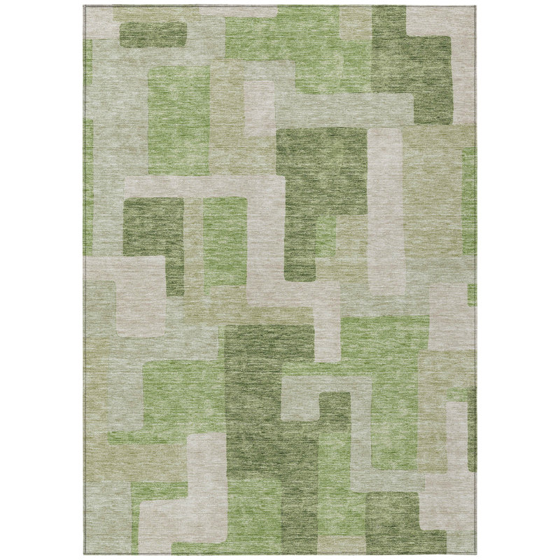 3' X 5' Green Sage And Beige Geometric Washable Indoor Outdoor Area Rug