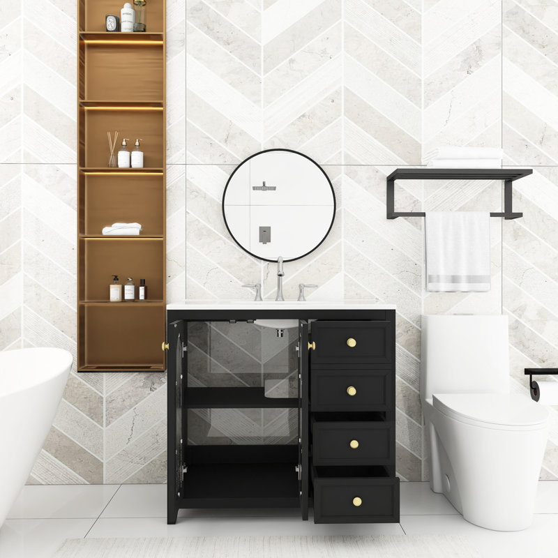 36 In. Freestanding Wood Bathroom Vanity With Drawers, Black