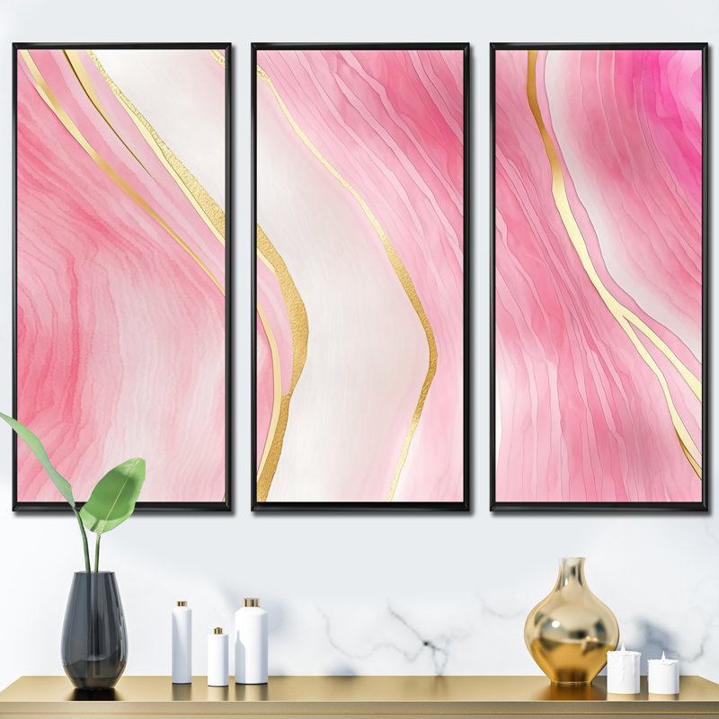 «Abstract Geode Marble Waves Pink II», reproduction sur toile 3 pièces, Cadre flottant noir, H 28 po x l 36 po x P 1 po