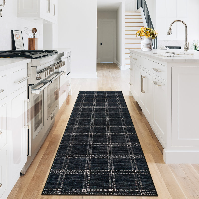Modern Washable Runner Rug Black Checkered Non-Slip Low Pile Mark Resistant Indoor Floor Mat for Hallway Kitchen Laundry Bedroom Bathroom 2x6ft