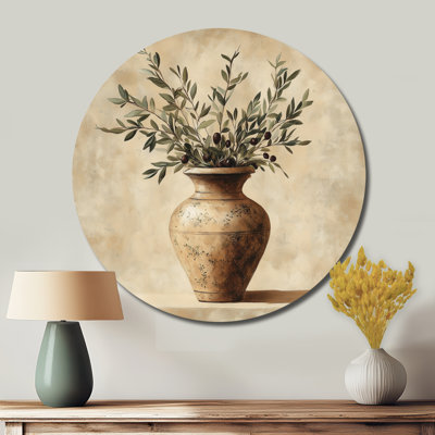 Vintage Wall Art - Antique Urn With Olive Branches - Boho Pottery Round Metal Wall Decor