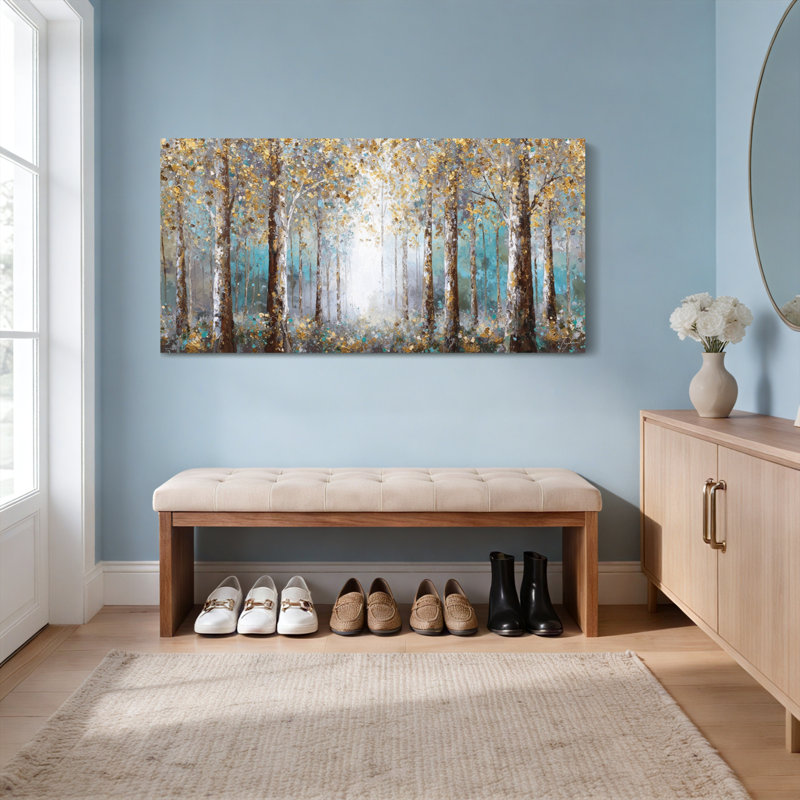 Tableau sur toile tendue représentant un paysage d'automne avec des bouleaux, H 24 po x l 48 po