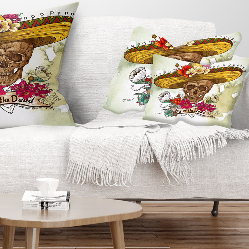 Crâne de Sombrero avec fleurs - coussin décoratif imprimé floral, Rectangulaire, 12 po x 20 po